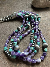 Load image into Gallery viewer, Sterling Silver Multi Strand Amethyst Turquoise W Pearls Bead Necklace. 24 inch