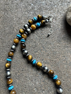 Sterling Silver Tiger’s Eye W Pearls Bead Necklace. 19 Inch. Gift