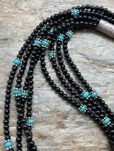 Sterling Silver Multi Strand Black Onyx with Turquoise Bead Necklace. 22 Inch
