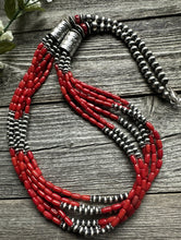 Load image into Gallery viewer, Sterling Silver Multi Strand Red Bamboo Coral Bead Necklace 30 Inch