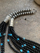 Load image into Gallery viewer, Sterling Silver Multi Strand Black Onyx with Turquoise Bead Necklace. 24 Inch