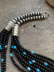 Sterling Silver Multi Strand Black Onyx with Turquoise Bead Necklace. 24 Inch