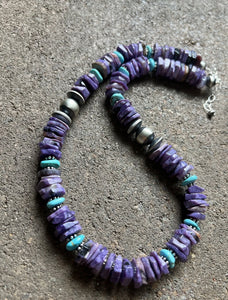 Sterling Silver Charoite Turquoise Bead Necklace. 18 Inch