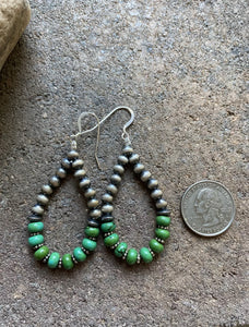 Sterling Silver Green Turquoise W Pearls Bead Loop Earrings.