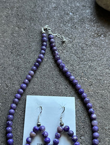 Sterling Silver Purple Charoite Bead Necklace W Earrings Set. Gift 18 Inch