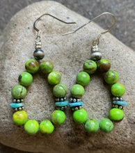 Load image into Gallery viewer, Sterling Silver Green Blue Turquoise Bead Loop Earrings.