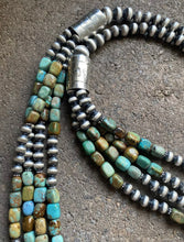 Load image into Gallery viewer, Sterling Silver Multi Strand Blue Green Turquoise Bead Necklace. 30 inch
