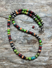 Load image into Gallery viewer, Sterling Silver Green Turquoise Spiny Multi Stone Bead Necklace. 18 Inch