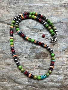 Sterling Silver Green Turquoise Spiny Multi Stone Bead Necklace. 18 Inch