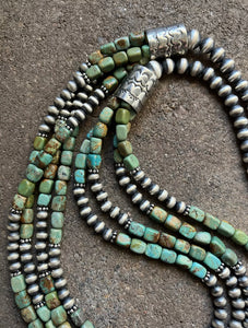 Sterling Silver Multi Strand Green Turquoise Bead Necklace. 30 inch