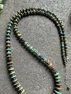 Long Sterling Silver Graduated Green Turquoise Bead Necklace. 36 inch