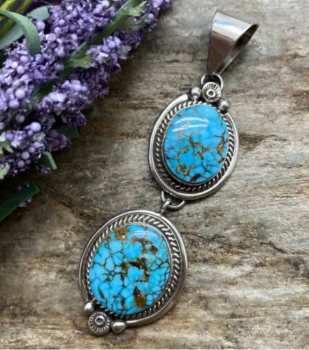 Native American Sterling Silver Blue Turquoise Pendant. E M Linkin