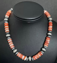 Load image into Gallery viewer, Sterling Silver Spiny Oyster W Navajo Pearls Bead Necklace. 16 inch