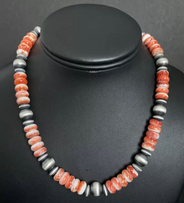 Sterling Silver Spiny Oyster W Navajo Pearls Bead Necklace. 16 inch