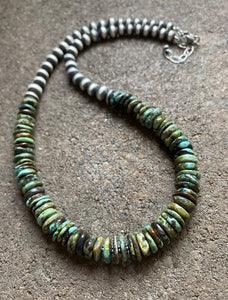 Sterling Silver Graduated Green Turquoise Bead Necklace. 18 inch