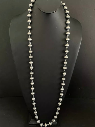 14mm 48 inch Sterling Silver Rosary Bead Necklace.