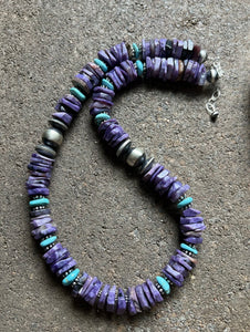 Sterling Silver Charoite Turquoise Bead Necklace. 18 Inch