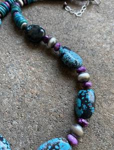 Sterling Silver Dyed Sugilite Turquoise W Navajo Pearls Bead Necklace. 22 inch