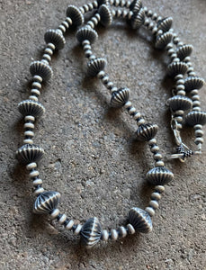 Sterling Silver Navajo Pearls W Corrugated Saucer Bead Necklace. 20 Inch