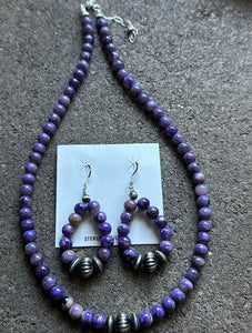 Sterling Silver Purple Charoite Bead Necklace W Earrings Set. Gift 18 Inch