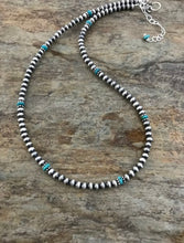 Load image into Gallery viewer, Sterling Silver Navajo Pearls with Turquoise Bead Necklace. 16 inch