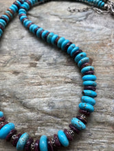 Load image into Gallery viewer, Sterling Silver Purple Spiny Oyster with Turquoise Bead Necklace. 22 inch