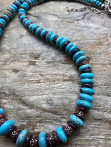 Sterling Silver Purple Spiny Oyster with Turquoise Bead Necklace. 22 inch