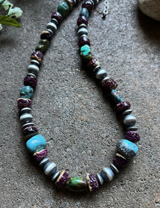 Sterling Silver Turquoise Nuggets W Purple Spiny Oyster Bead Necklace 19 inch