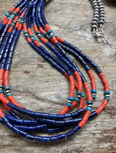Sterling Silver Multi Strand Multi Stone Lapis Bead Necklace. 30 inch