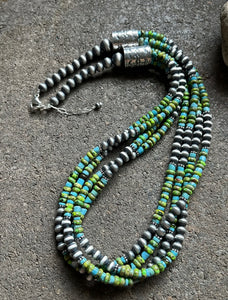 Sterling Silver Multi Strand Blue Green Turquoise Bead Necklace. 24 inch