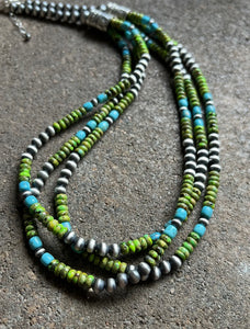 Sterling Silver Multi Strand Blue Green Turquoise Bead Necklace. 24 inch