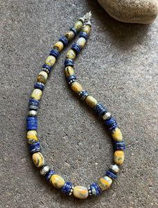 Sterling Silver Bumblebee Jasper Lapis Pearls Bead Necklace. 18 inch