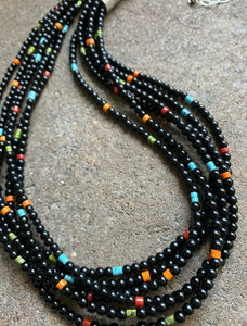 Sterling Silver Multi Strand Black Onyx Multi Stone Bead Necklace. 24 Inch