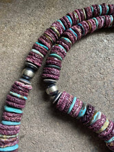 Load image into Gallery viewer, Long Sterling Silver Purple Spiny Oyster W Turquoise Bead Necklace. 37 inch