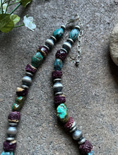 Load image into Gallery viewer, Sterling Silver Turquoise Nuggets W Purple Spiny Oyster Bead Necklace 19 inch