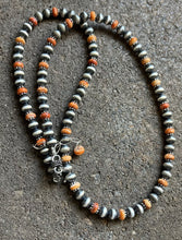Load image into Gallery viewer, Sterling Silver Orange Spiny Oyster with 6mm Pearls Bead Necklace. 22 inch