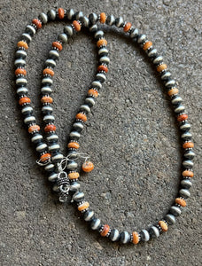 Sterling Silver Orange Spiny Oyster with 6mm Pearls Bead Necklace. 22 inch