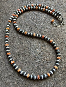 Sterling Silver Orange Spiny Oyster with 6mm Pearls Bead Necklace. 22 inch
