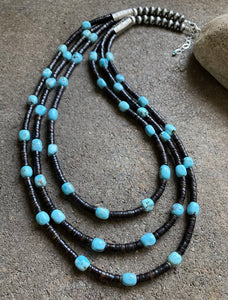 Sterling Silver Layered Multi Strand Turquoise Nuggets Bead Necklace 27 Inch.