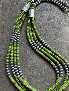 Sterling Silver Multi Strand Green Turquoise W Pearls Bead Necklace. 28 inch