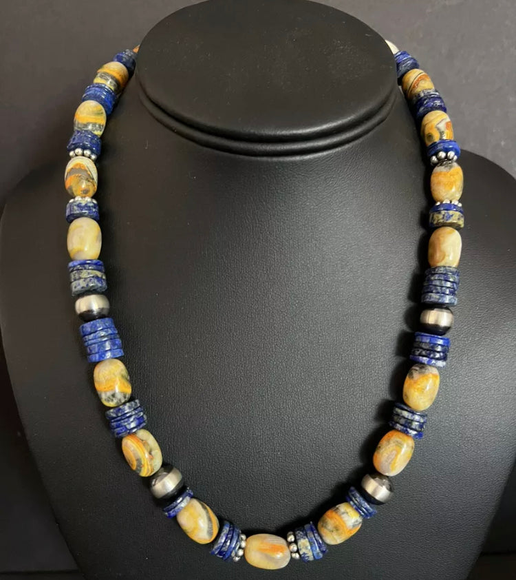 Sterling Silver Bumblebee Jasper Lapis Pearls Bead Necklace. 18 inch