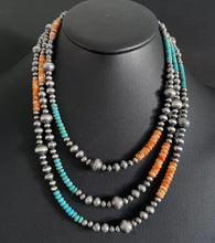 Load image into Gallery viewer, Sterling Silver Layered Spiny Oyster Turquoise Bead Necklace. 18-22 inch