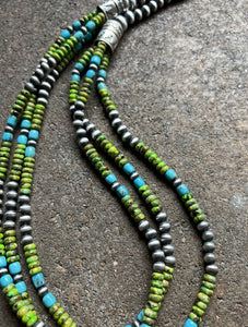 Sterling Silver Multi Strand Blue Green Turquoise Bead Necklace. 24 inch