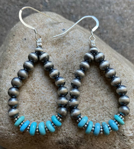 Sterling Silver Blue Turquoise W Pearls Bead Loop Earrings.