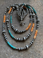 Load image into Gallery viewer, Sterling Silver Layered Spiny Oyster Turquoise Bead Necklace. 18-22 inch
