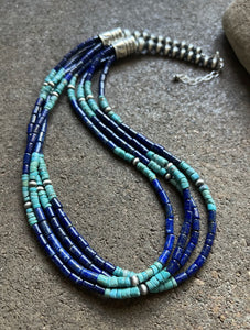 Sterling Silver Multi Strand Stone Lapis Turquoise Bead Necklace. 24 inch