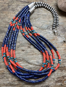 Sterling Silver Multi Strand Multi Stone Lapis Bead Necklace. 30 inch