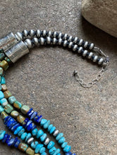 Load image into Gallery viewer, Sterling Silver Multi Strand Blue Green Turquoise Lapis Bead Necklace. 26 inch