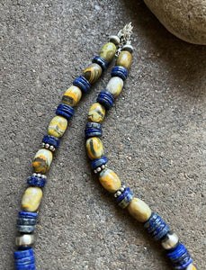 Sterling Silver Bumblebee Jasper Lapis Pearls Bead Necklace. 18 inch