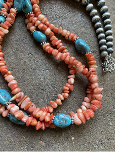 Sterling Silver Multi Strand Pink Coral Blue Turquoise Bead Necklace 24 Inch